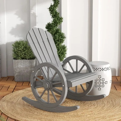 Image of Outsunny Wooden Adirondack Rocking Chair Reclining Armchair Outdoor Garden Furniture Patio Porch Rocker Grey