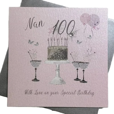 Image of Happy 100th Birthday Card Nan Champagne Glasses Pink Roses by White Cotton Cards SS42 N100