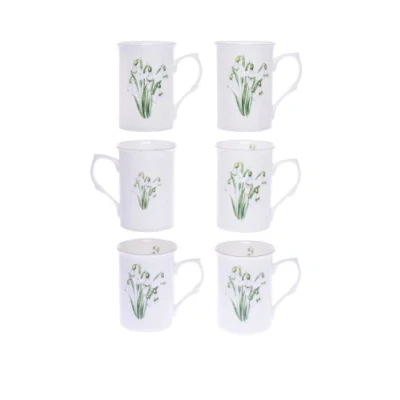 Image of (Item 2T) Kirsty Jayne China 10Fl oz Bone Snowdrop Beakers, Mugs, Cups Packed in a Gift Boxed (Set of 6)