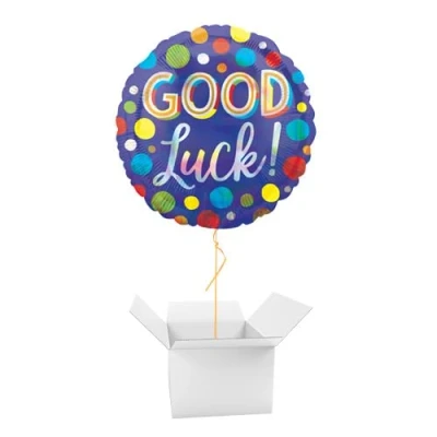 Image of Good Luck! Iridescent Dots Holographic Round Foil Helium Balloon Inflated in a Box