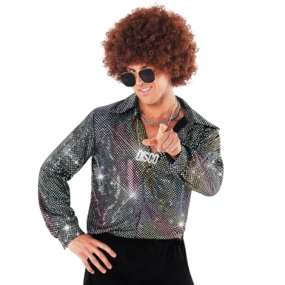 Image of Morph Disco Shirt Mens 70s Fancy Dress Costume Men 1970s Men&#039;s 80s X Large Silver