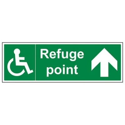 Image of V Safety Refuge Point Arrow Up Fire Assembly Sign 600mm x 200mm Self Adhesive Vinyl