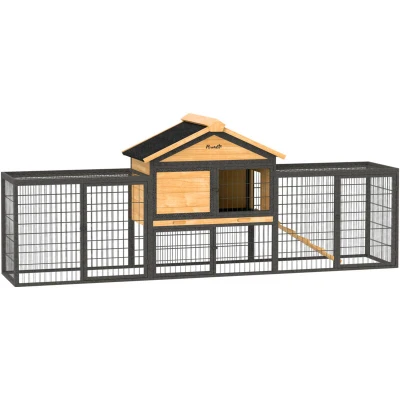 Image of PawHut Rabbit Hutch Outdoor, Wooden Guinea Pig with Steel Run, Removable No Leakage Tray, Waterproof Roof, Ramp, Small Animal House for 2 3 Bunnies, Pigs, 217 x 53 86cm