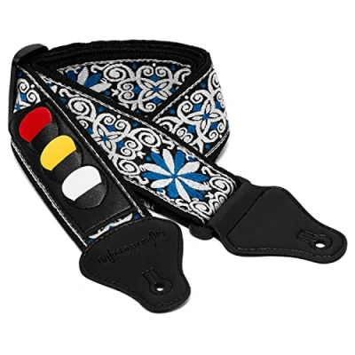 Image of World Rhythm Guitar Strap Flower Style Blue