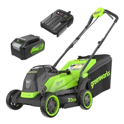 Image of Greenworks 24V Cordless Lawnmower with Brushless Motor for Smaller Lawns up to 140m², 33cm Cutting Width, 30L Bag, 4Ah Battery &amp; Charger, 3 Year Guarantee MO24L411 01