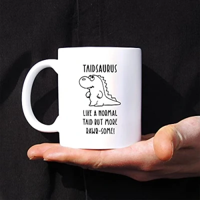 Image of eBuyGB Taidsaurus Mug, Taid Dinosaur Engraved White Black Reveal Coffee Father&#039;s Day Gift for Welsh Grandad, Grandpa, Birthday Gift, Funny Present