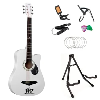Image of Crystals 38 Classical Acoustic Guitar, Full pack Size 4/4 With Accessories 6 Strings Guitar Stand, Portable Plectrums, Tuner, Bag &amp; Strap (White Stand)