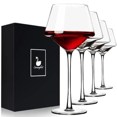 Image of Swanfort Red Wine Glasses Set of 4, Long Stem Crystal Glasses, Burgundy Glass with Gift Box, 430ml Large for Wedding Anniversary Birthday Gifts