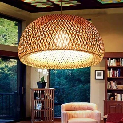 Image of Vintage Pendant Light E27 Chandelier Retro Industrial Hanging Lamp Natural Bamboo Woven Height Adjustable Ceiling Dining Room Study Living Cafe Bedroom Lamp,38cm