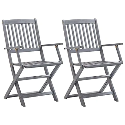 Image of vidaXL Folding Outdoor Chairs Set of 2, Solid Acacia Wood, Grey Wash, Al Fresco Dining, Easy Assembly &amp; Cleaning, Space saving Design’