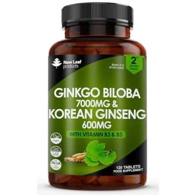 Image of Ginkgo Biloba and Korean Ginseng Tablets 7000mg Herbal Supplements &amp; 600mg Panax High Strength Extract Enriched with Vitamin B3 B5 120 Vegan