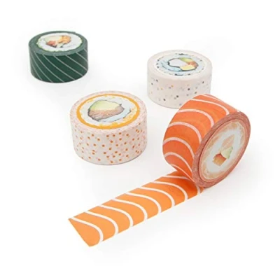 Image of Suck UK Sushi Decorative Paper Washi Novelty Masking Adhesive Set of 4 Quality Tapes Quirky &amp; Cute Design, Multicolour, 10m