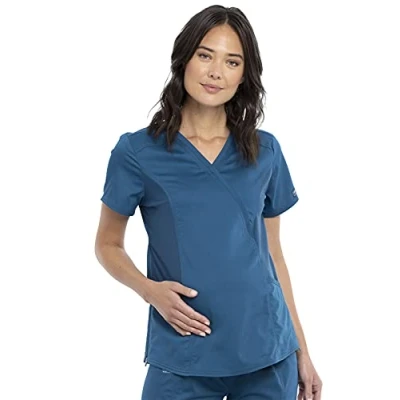 Image of Workwear Revolution Maternity Women Scrubs Top Mock Wrap WW688, Caribbean Blue, X Large