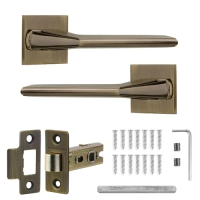 Image of Decoranddecor Antique Brass Door Handles Internal Aluminium Handle Sets for Wooden Interior Doors with Tubular Mortice Latch Pera Range