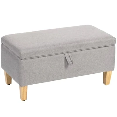 Image of HOMCOM Linen Storage Ottoman Box with Rubberwood Legs, Light Grey
