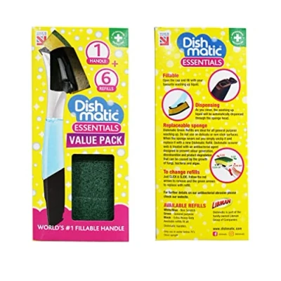 Image of Dishmatic Fillable Washing up Brush with Handle Combo Bonus Pack General, Non Scratch, Heavy Duty Refills Hard Bristle I Stand Sold by Karrma Ltd (A Pack)