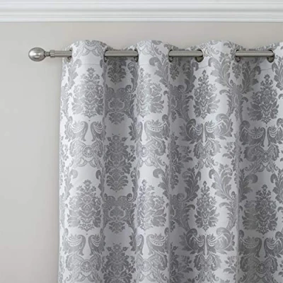 Image of Catherine Lansfield Damask Jacquard 66x72 Inch Lined Eyelet Curtains Two Panels Silver Grey