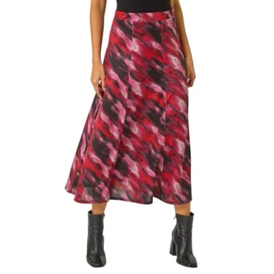 Image of Roman Originals Jersey Skirt for Women UK Ladies Midi Maxi Ditsy Floral Summer Spring Holiday Swing Shape Vacation Smart Casual Work Cocktail Party Going Out Red Noir Size 14
