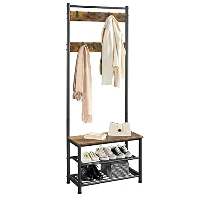 Image of Yaheetech Coat Rack Stand, 185cm Height Stand with Shoe Bench, Industrial and Storage for Hallway/Living Room, Rustic Brown