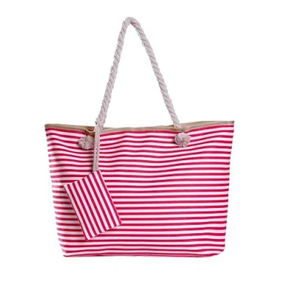 Image of DonDon Large Beach Bag for Women with Zip Waterproof Pool Holiday Maritime Stripes Berry White