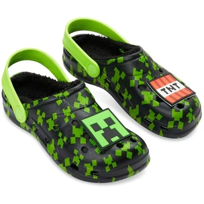 Image of Minecraft Boys Winter Clogs Fleece Lining &amp; Charms, Kids Teens Garden Shoes Slip On with Strap (Black/Green, 3/4 UK)