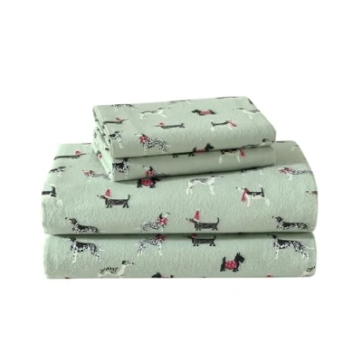 Image of Laura Ashley King Sheet Set, Cotton Flannel Bedding, Brushed for Extra Softness &amp; Comfort (Holiday Pups Green, King)