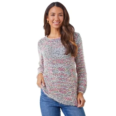 Image of Roman Womens Fluffy Striped Curve Hem Jumper Blue Size 10 UK
