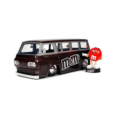 Image of Jada Toys M&amp;Ms Red 1965 Ford Econoline Van 1:24 and M&amp;M Collectible Figure