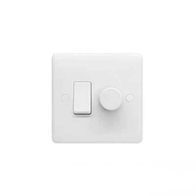 Image of Lieber Silk White Dimmer and Rocker Wall Light Switch Combo (2 gang, 2 Way &amp; Trailing Dimmer) suitable for LED, Incandescent Halogen Bulbs