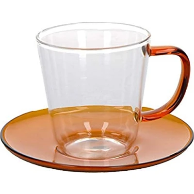 Image of La Cafetière C000873 Core Glass Coffee Cup/Tea Cup and Saucer Set in Gift Box, Amber, 300 ml