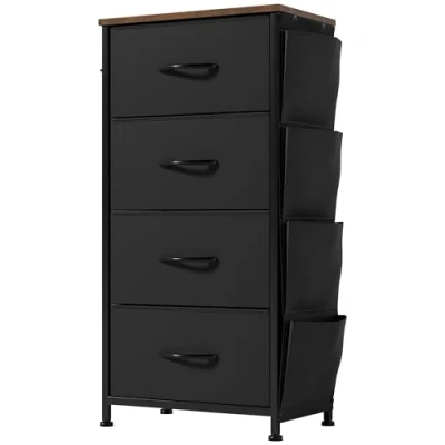 Image of YITAHOME Chest of Drawers with 4 Drawers, Fabric Cabinet Side Pocket&amp;Hooks,Easy Pull Handle,Sturdy Steel Frame,Storage for Bedroom, Kids Room, Closet, Clothes,Black