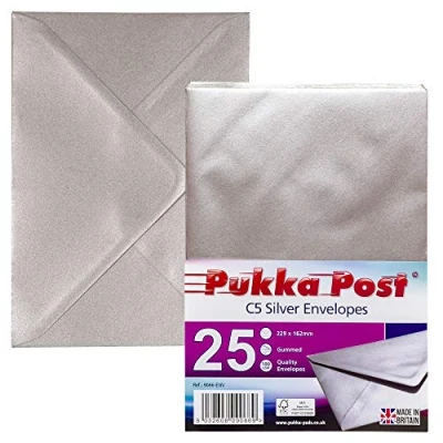 Image of Pukka Pad, Post &amp; Packaging Gummed Envelopes Pack of 25, Ready to Seal, Durable 100GSM Postal for Letters, Invitations, and Other Mail 229 x 162 mm, Size C5, Silver