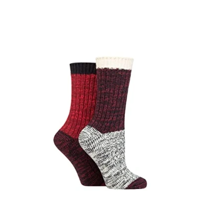 Image of Elle Ladies Cosy Soft Chunky Ribbed Plain Boot Socks in a Multipack of 2 Pairs For Walking, Hiking and Trekking Assorted Colours Sizes 4 8 Merlot