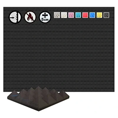 Image of Arrowzoom 48 Acoustic Panels Pyramid Sound Absorbing Treatment Tiles 25x25x5cm Recording Studio Noise Cancellation 26kg/m3 High Density Acoustical Dampening Fire Retardant 1034 BLACK