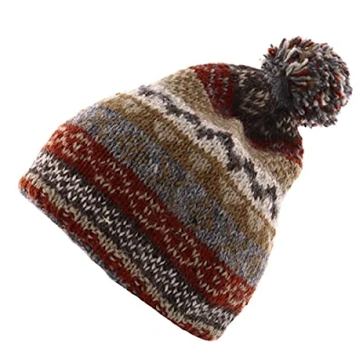 Image of Pachamama Women Wool Beanie Bobble Hat Fleece Lined Handknitted Traditional Fairisle Multicoloured One Size Handmade Extra Warm Fair Trade (Wool, Grey)