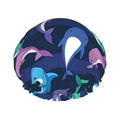 Image of Dolphin Print Shower Cap For Women Reusable Double Layer Fabric Caps Girls Hair