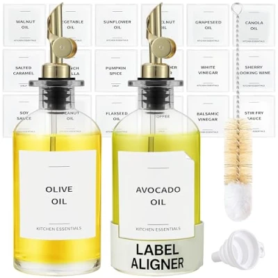Image of Spaceneat Olive Oil Dispenser Bottle for Kitchen, Coffee Syrup Elegant &amp; Classy Bottles Kitchen Glass Cooking Dispenser, Container, Cruet with Pourer Spout 2pcs, Gold
