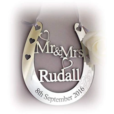 Image of Personalised Wedding Mr &amp; Mrs Good Luck Bridal Lucky Keepsake Horseshoe Gift. 45 Ribbon Colour Choices. AGiftForYouUK. H18