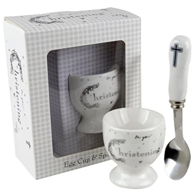Image of Babies Christening Egg Cup &amp; Spoon Set Boy Girl Baby Holy White Religious