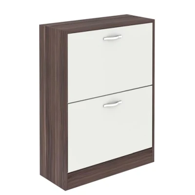 Image of Vida Designs 2 Drawer Shoe Cabinet Cupboard Storage Organiser Pull Down Wooden Furniture Wood Unit, Walnut and White