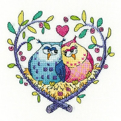 Image of Heritage Crafts Birds Of A Feather Cross Stitch Kit Love Owls (Aida)