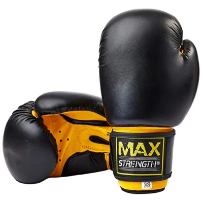 Image of MAXSTRENGTH Boxing Gloves for Training &amp; Muay Thai Mitts Sparring, Kickboxing, Fighting Great Heavy Punch Bag Focus Pads Punching (Black/Yellow, 12oz)