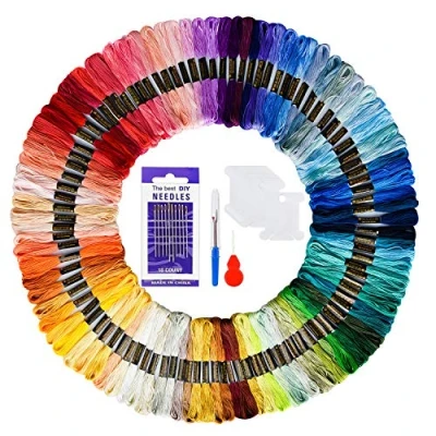 Image of Embroidery Threads 100 Skeins Pack，AUERVO Floss,Cross Stitch Threads，Friendship Bracelets Thread，Crafts Floss Rainbow Color with Free Needles,Floss Bobbins…