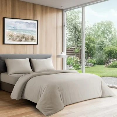 Image of LYMA Complete Bedding Set King Plain Duvet Cover, Fitted Sheet &amp; 2 Pillow Cases 50x75CM, OEKO TEX Certified, Ultra Soft NanoPlush Double Brushed, Button Closure, Wrinkle Fade Resistant (Beige)