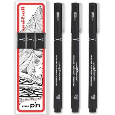 Image of uni ball PIN Fineliners Black Fine Tipped Writing Pens Water &amp; Fade Resistant Ink Ideal for Sketching, Scrapbooking, Outlining, Art, Technical Drawing In Gift Box (Pack of 3, 0.5mm)