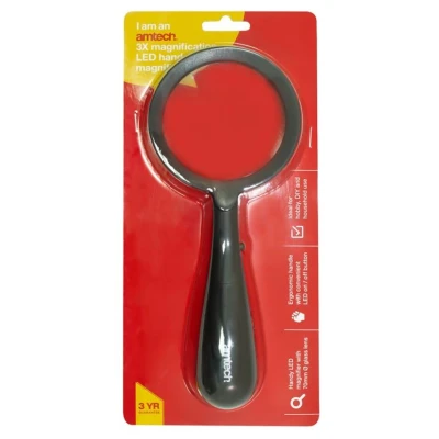 Image of Amtech S2919 Magnifying Glass with LED Light, 3x Magnification, 70mm Diameter Lens, Lightweight Handheld for Reading, Inspection, Hobbies &amp; Crafts