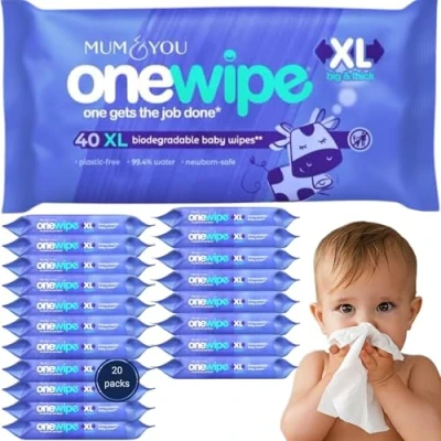 Image of Mum &amp; You Onewipe baby Wipes Multipack, 100% Biodegradable wet (20 Packs), 99.4% Water for Sensitive Newborn Skin, Adults, baby, Tissue,Eco Friendly wipe