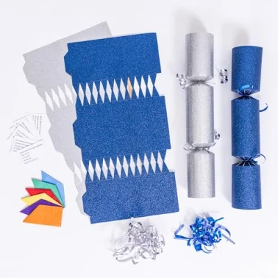 Image of evelay 12 Make Your Own Christmas Cracker Kit DIY Navy &amp; Silver Glitter Crackers Hats Snaps Jokes (Navy, Silver)