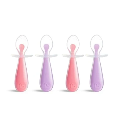 Image of Munchkin Silicone Trainer Spoons with Choke Guard for Baby Led Weaning, 4 Count (Pack of 1), Pink/Purple
