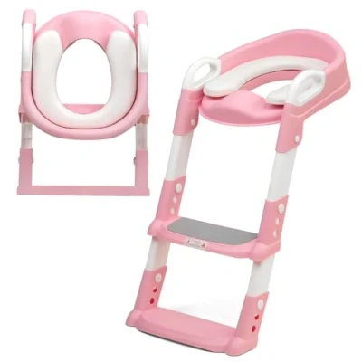 Image of Crystals Foldable Toddler Potty Training Seat with Step Child Toilet Ladder for Boys &amp; Girls, Non Slip Kids Trainer, Comfortable Easy to Use (Pink)